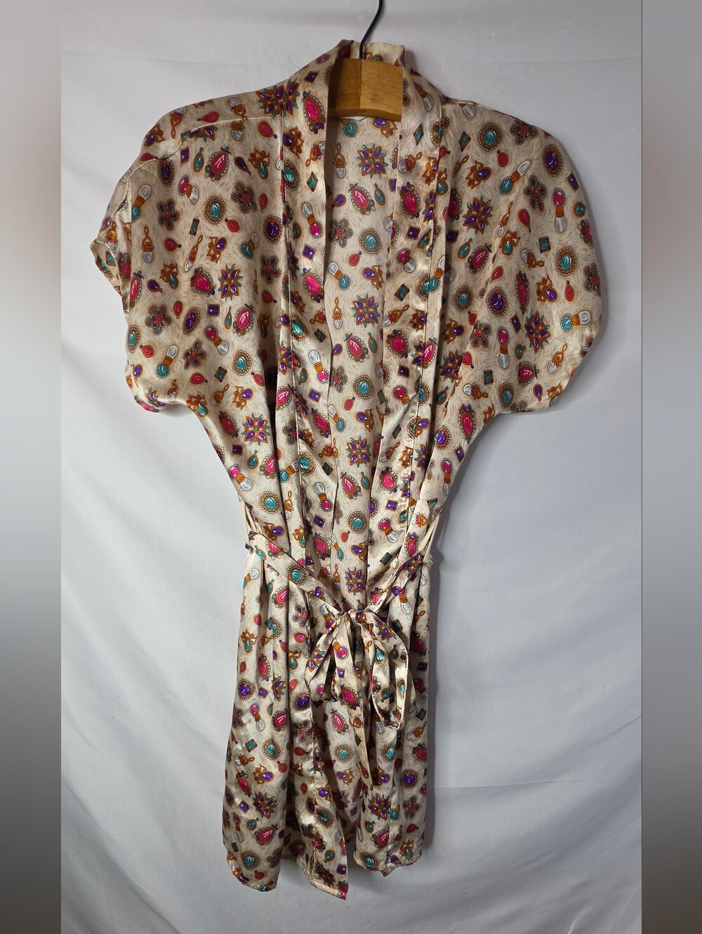 80's Pinx Silk Gem Jewel Print Kimono Robe Short Sleeve Tie Belt Size M